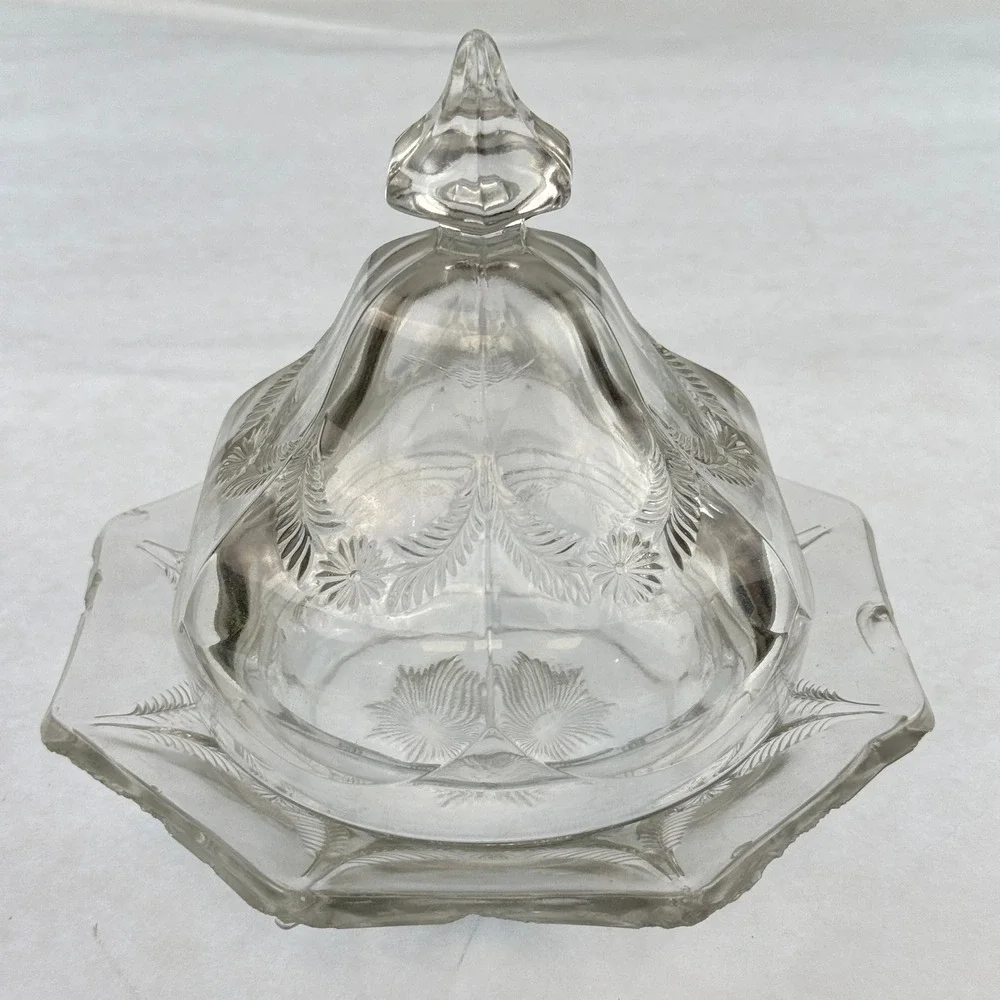 Pressed Glass Floral Etched Butter Dish with Lid, Hexagonal Base Clear Vintage